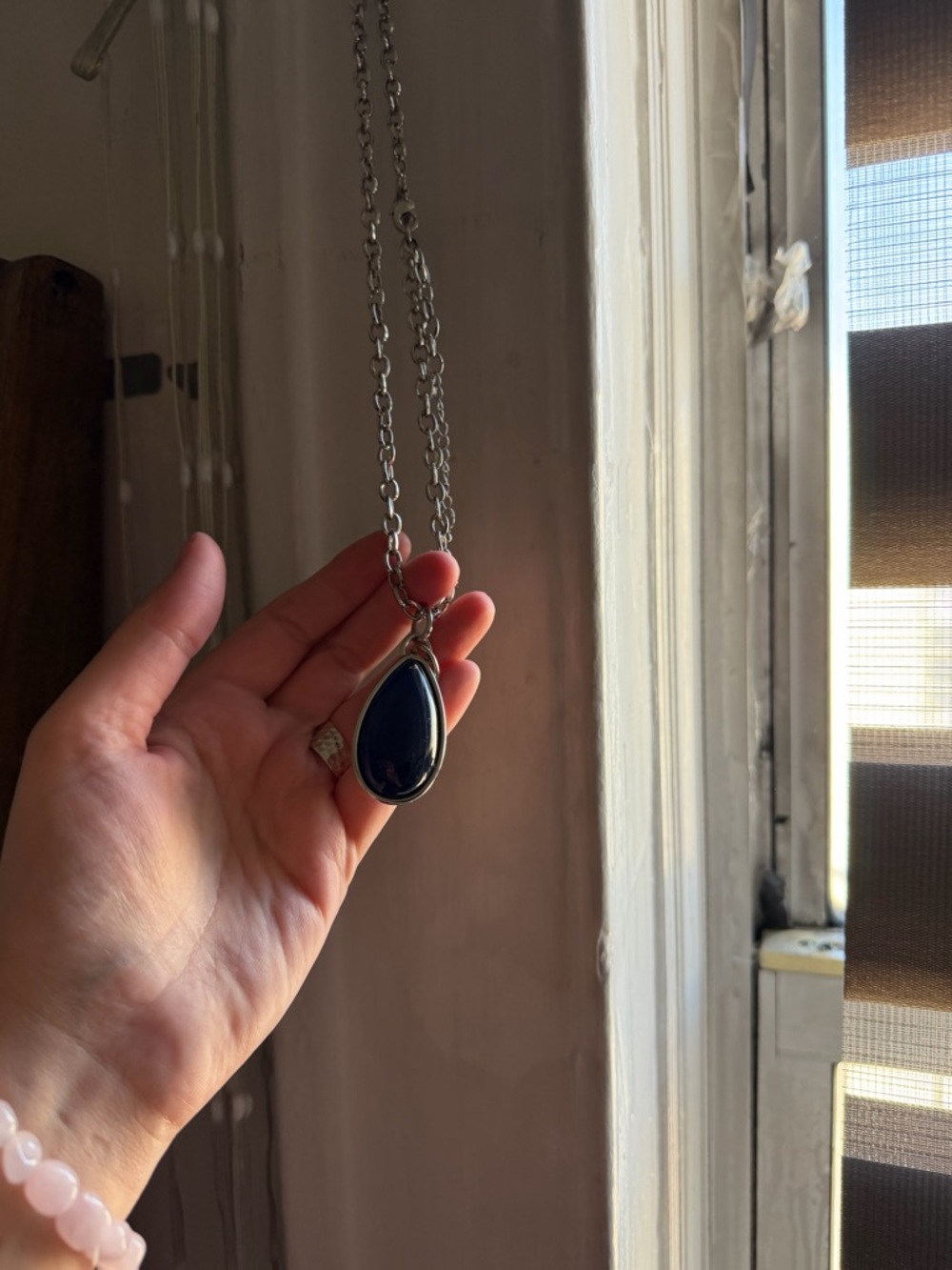 Silver Teardrop Black Stone Pendant Necklace - Women Jewelry